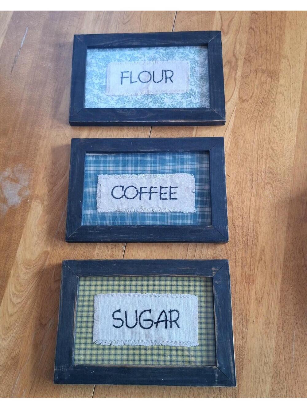 Primitive Folk Art 3pc Hand Stitched Framed Fabric Coffee/Flour/Sugar 6.5"X9.5"